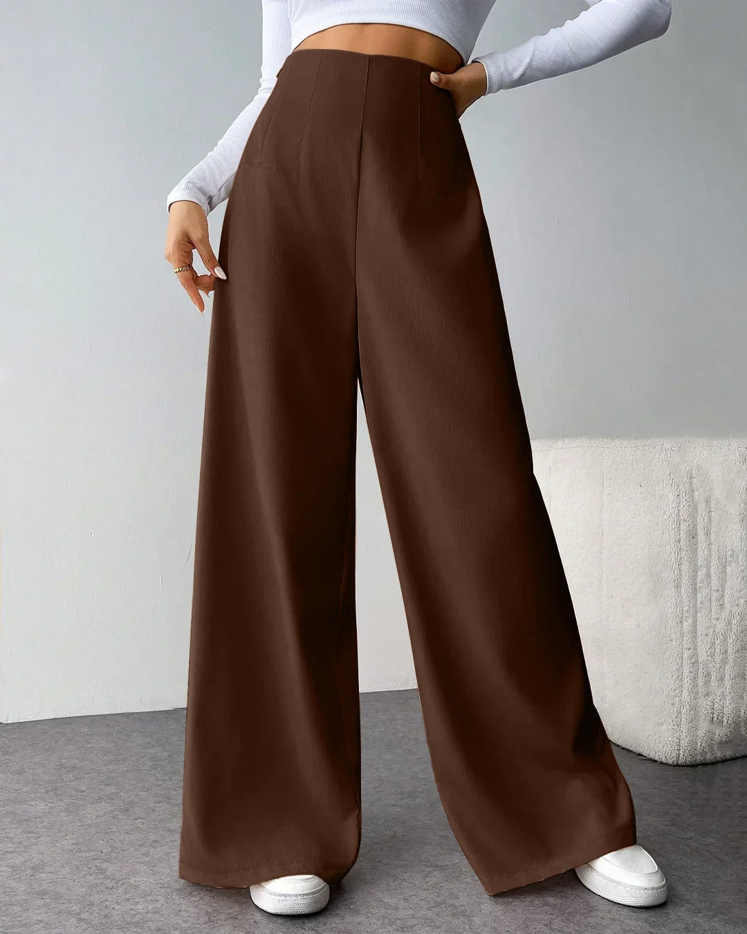 Women’s High Waist Wide Leg Trousers – Premium Chocolate Brown Formal & Casual Pants