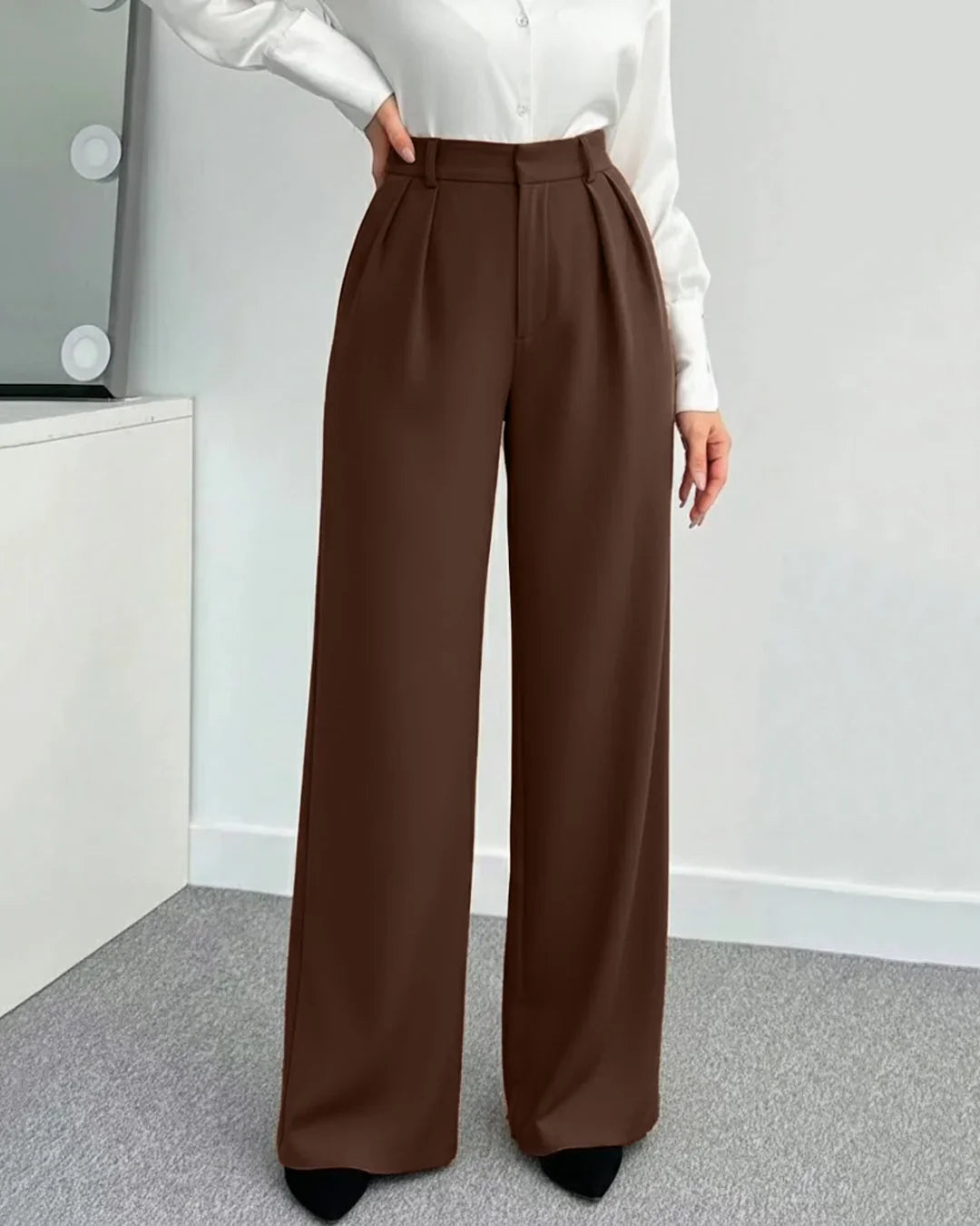 Women’s High Waist Pleated Wide Leg Trousers – Premium Brown Formal & Casual Pants