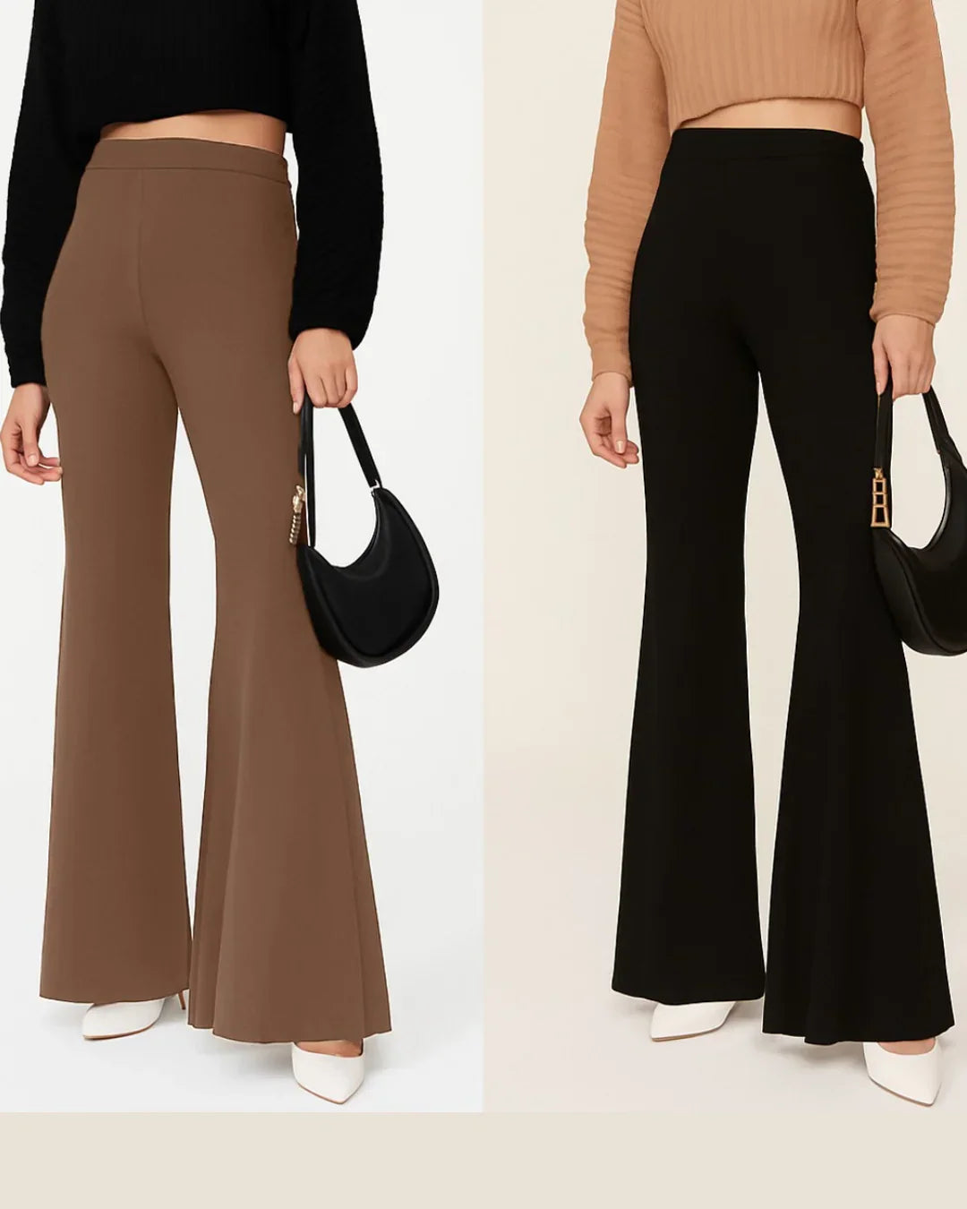 Combo of Two  High-Rise Flared Trousers In Black and Brown