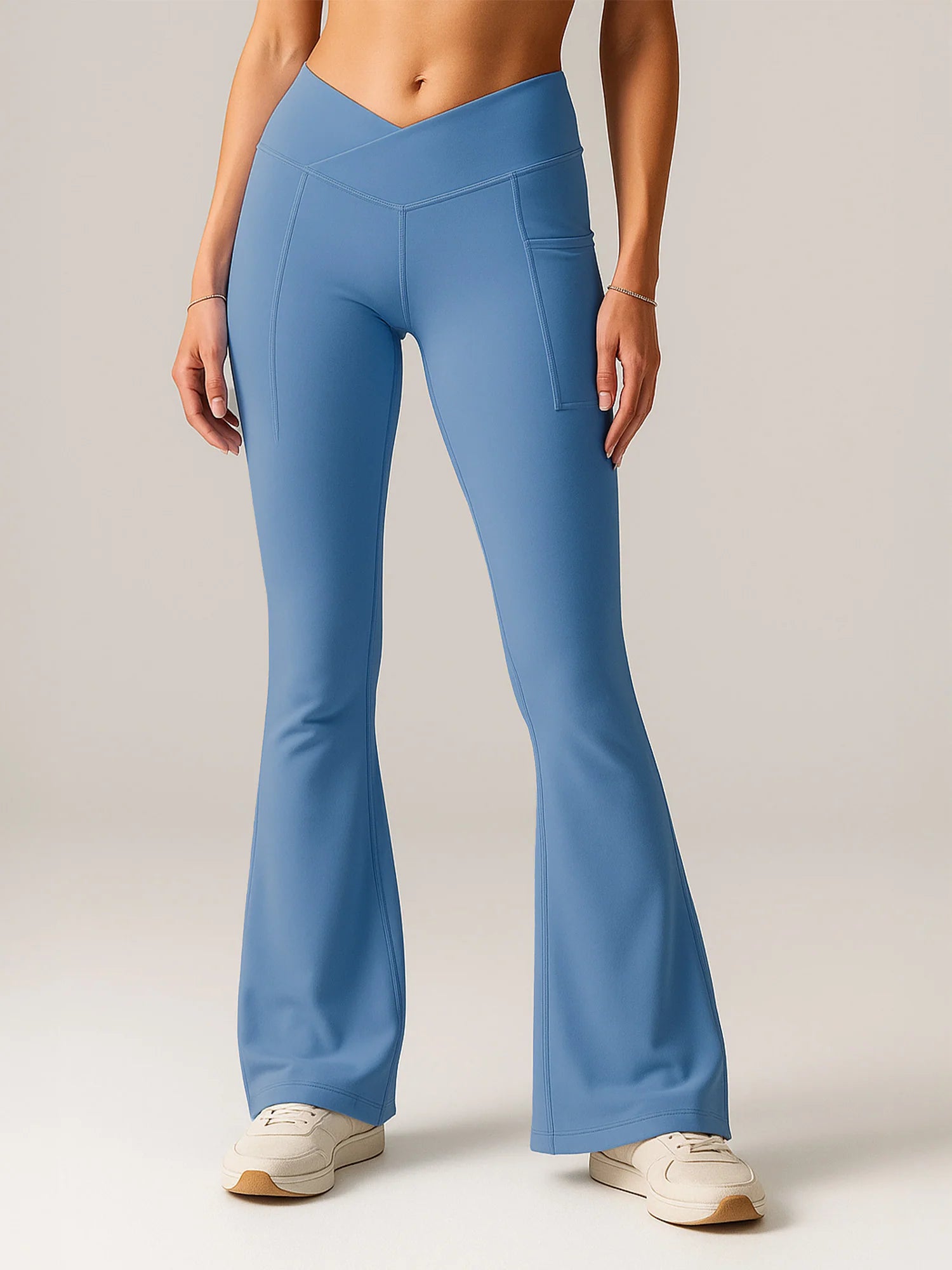 Women’s High Waist Flare Jeggings with Pocket – Blue Bootcut Stretch Pants