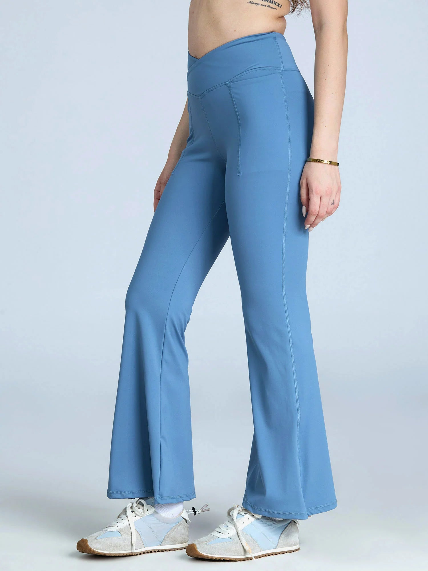 Crossover High-Waisted Flare Leggings – Sculpt Fit Yoga Pants (Petite, Tall & Extra Tall) – Pebble Blue