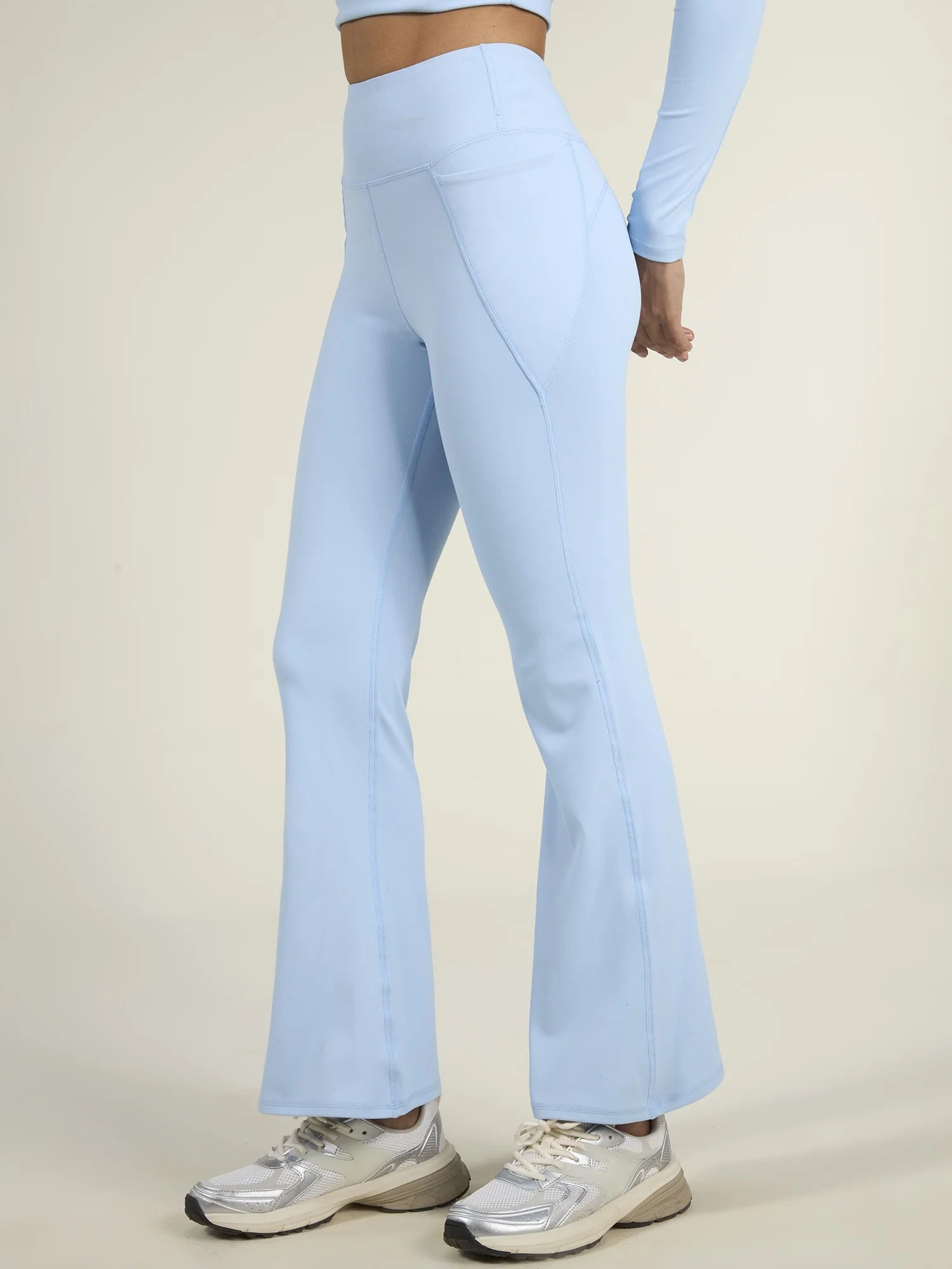 High-Waisted Flare Yoga Pants with Pockets – Sculpting Bootcut Leggings (Petite & Tall) – Ice Blue