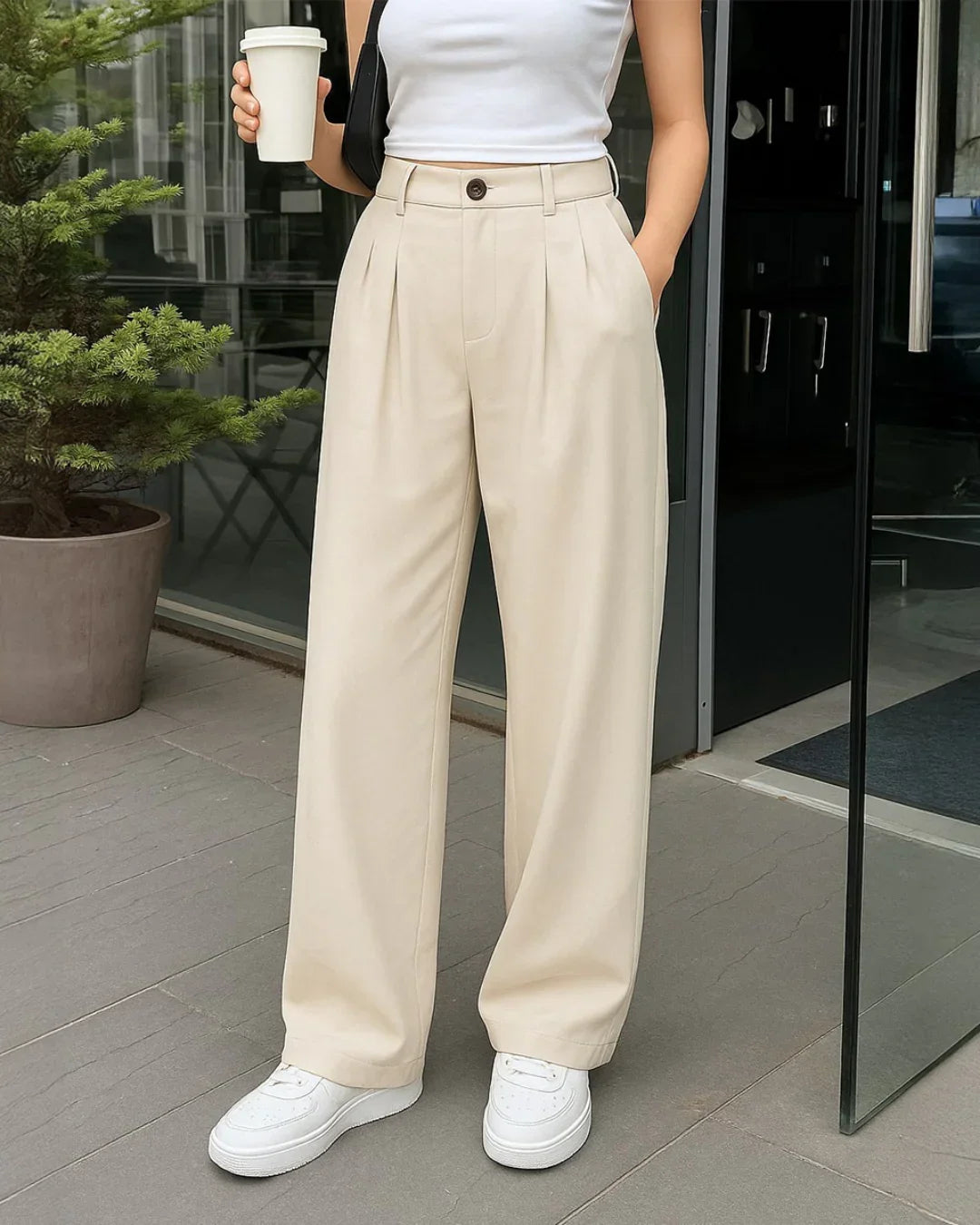 Women’s High Waist Pleated Wide Leg Trousers – Off White Korean Style Formal Pants
