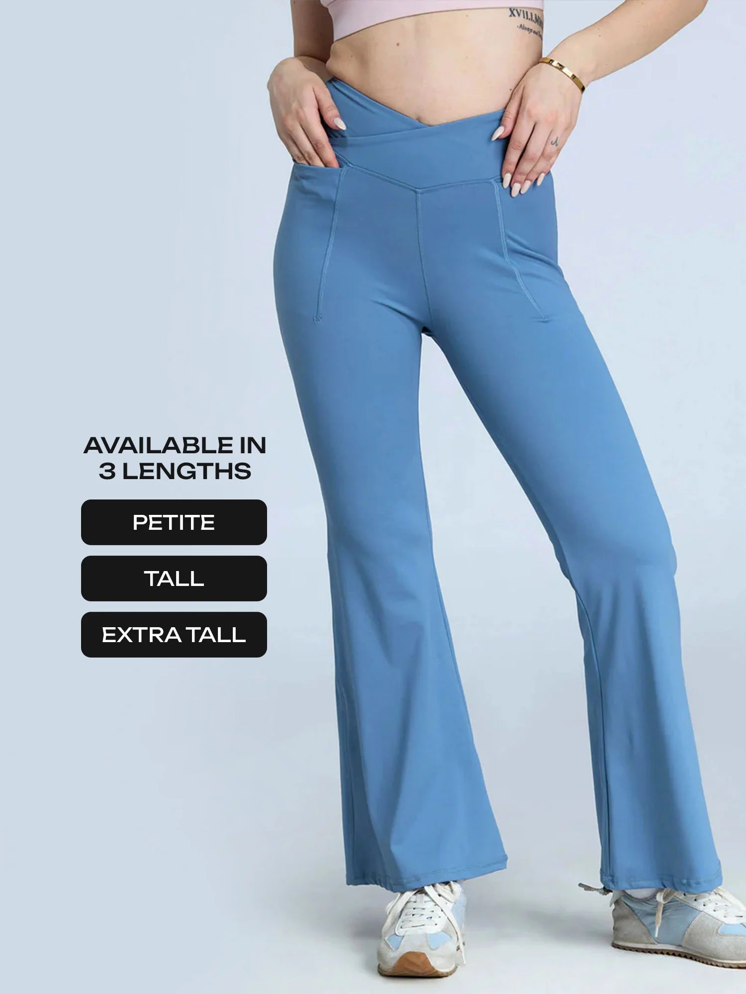 Crossover High-Waisted Flare Leggings – Sculpt Fit Yoga Pants (Petite, Tall & Extra Tall) – Pebble Blue