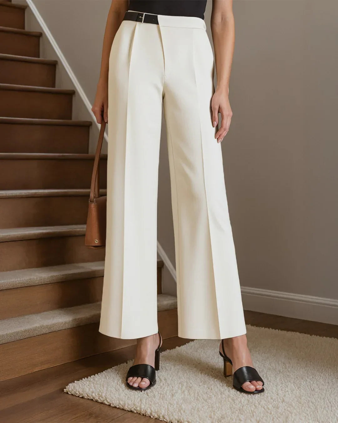 Women’s Off-White High-Waist Wide Leg Pleated Trousers | Elegant Wrap Front Pants